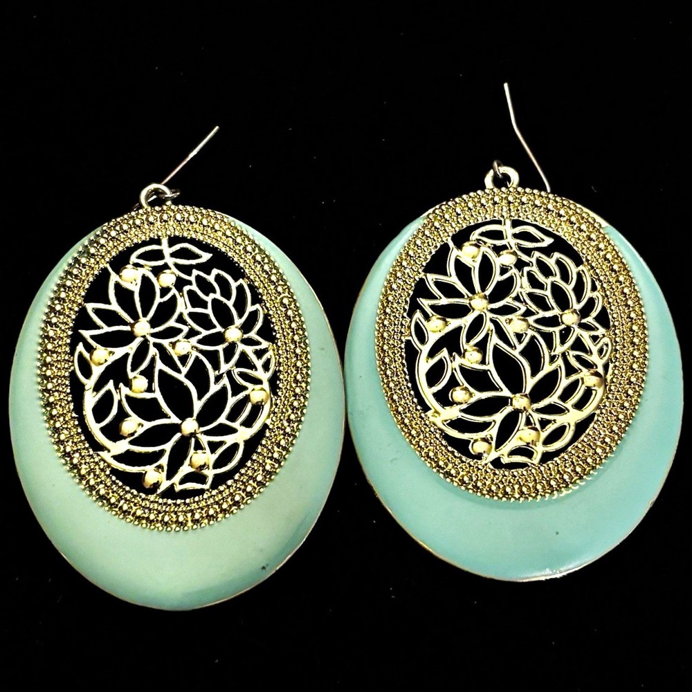 Gold Tone Blue Oval Floral Filigree Rhinestone Hook Dangle Earrings 2.75in[JB2]